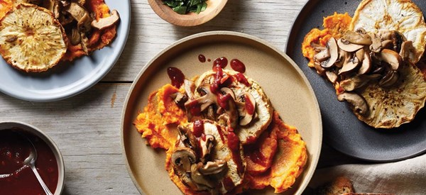 Roasted celeriac steaks with mushrooms and sweet potato mash [veggie steak sauce]