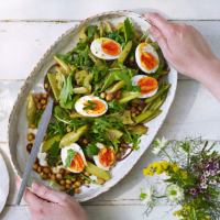 Roasted celery with chickpeas and soft-boiled eggs