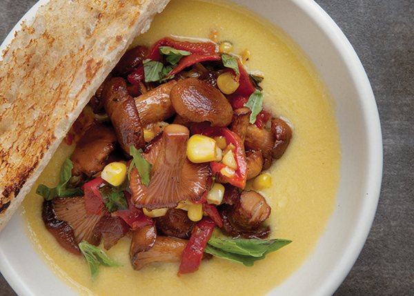 Roasted chanterelles and bacon with sweet corn sauce