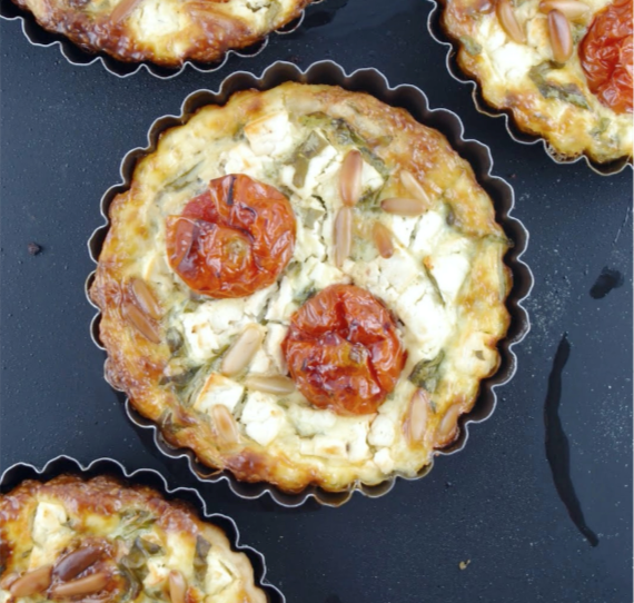 Roasted cherry tomato, feta, arugula, pine nut quiches