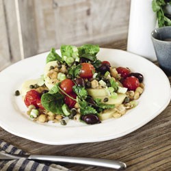 Roasted cherry tomato, potato and fried chickpea salad