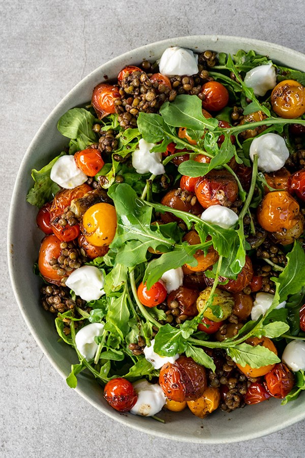 Roasted cherry tomato salad with lentils, rocket & buffalo bocconcini