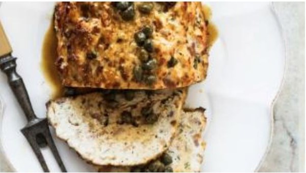 Roasted chicken and bacon meatloaf with caper and lemon sauce