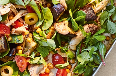 Roasted chicken, aubergine & chickpea salad