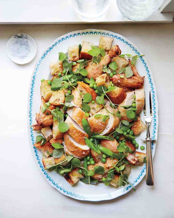 Roasted chicken bread salad with peas