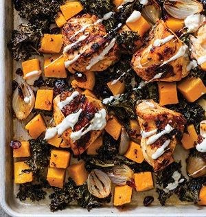 Roasted chicken breasts with butternut squash and kale [sheet pan]