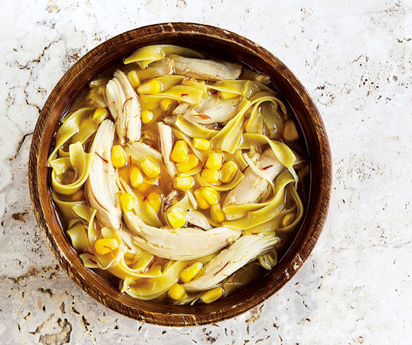 Roasted chicken, corn, and saffron soup