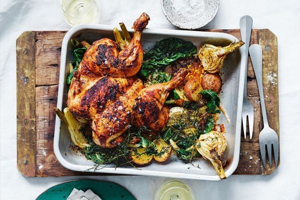 Roasted chicken, fennel, silverbeet and potato bake
