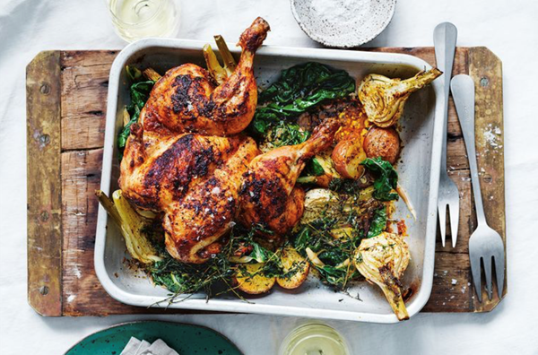 Roasted chicken, fennel, silverbeet and potato bake