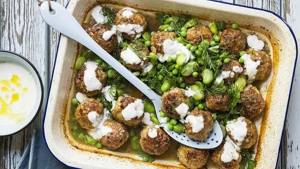 Roasted chicken polpette with peas, yoghurt and dill 