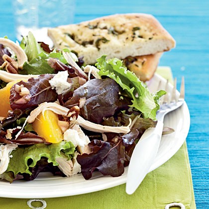 Roasted chicken salad with peaches, goat cheese, and pecans