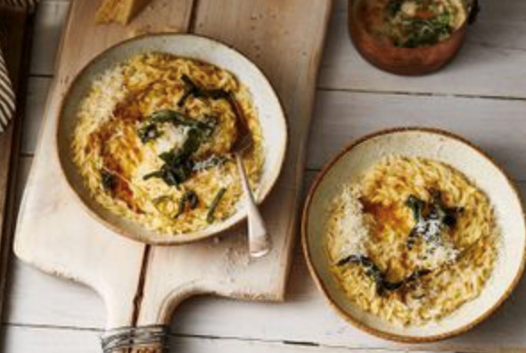 Roasted chicken stock orzotto with sage and brown butter
