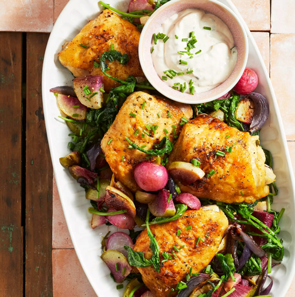 Roasted chicken thighs & radishes with lemon crème fraîche
