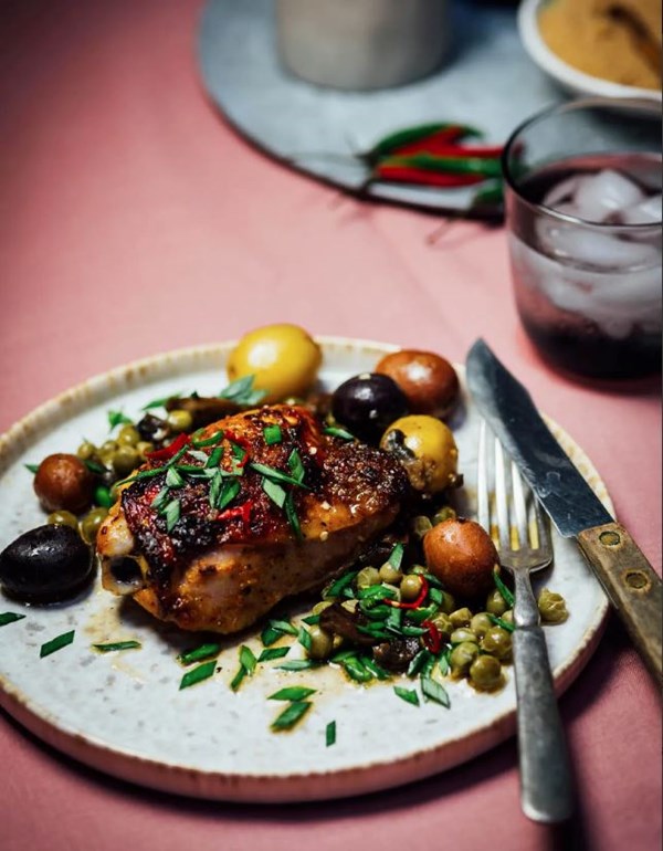 Roasted chicken thighs + vegetables