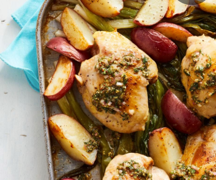 Roasted chicken thighs, potatoes & scallions with herb vinaigrette
