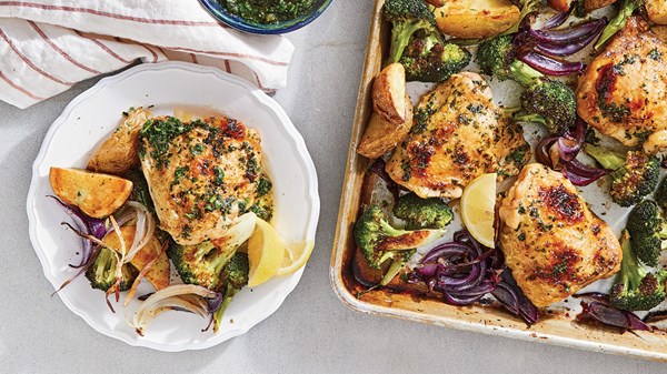 Roasted chicken thighs, potatoes, broccoli, and red onion with salsa verde