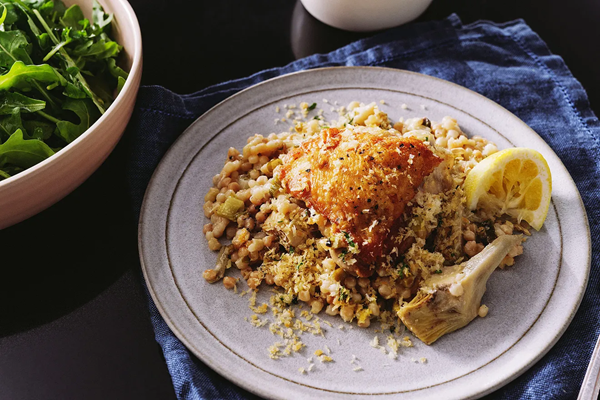 Roasted chicken thighs with artichokes & pearl couscous