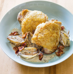 Roasted chicken thighs with creamed shallots and bacon