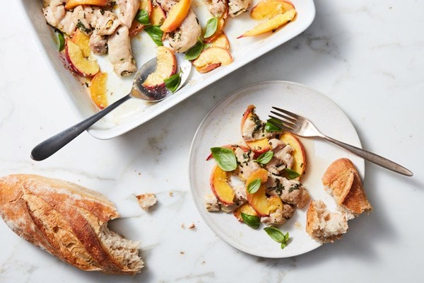Roasted chicken thighs with green peaches, basil, and ginger