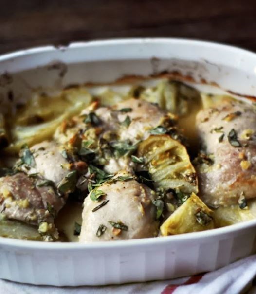 Roasted chicken thighs with green tomatoes, basil, and ginger