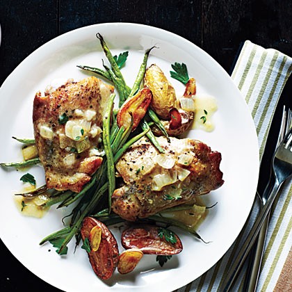 Roasted chicken thighs with mustard-thyme sauce