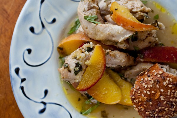 Roasted chicken thighs with peaches, basil and ginger