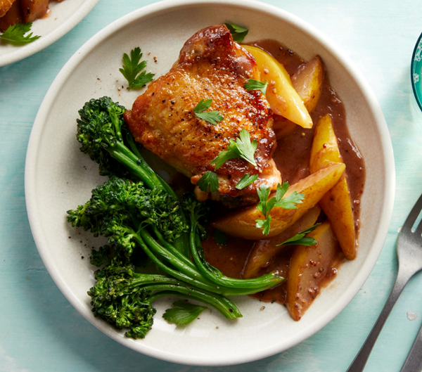 Roasted chicken thighs with pear-mustard sauce