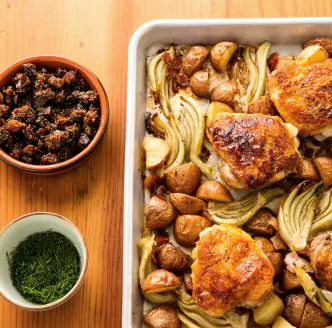 Roasted chicken thighs with potatoes, fennel, and figs