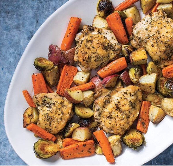 Roasted chicken thighs with root vegetables