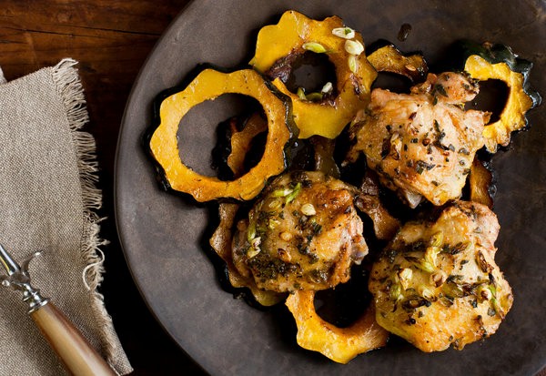 Roasted chicken thighs with winter squash