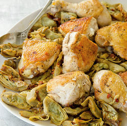 Roasted chicken with artichoke hearts and pancetta