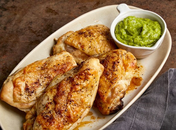 Roasted chicken with avocado-cilantro sauce