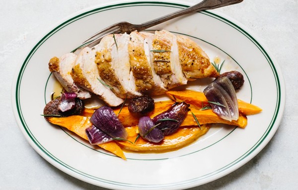 Roasted chicken with chorizo and sweet potatoes