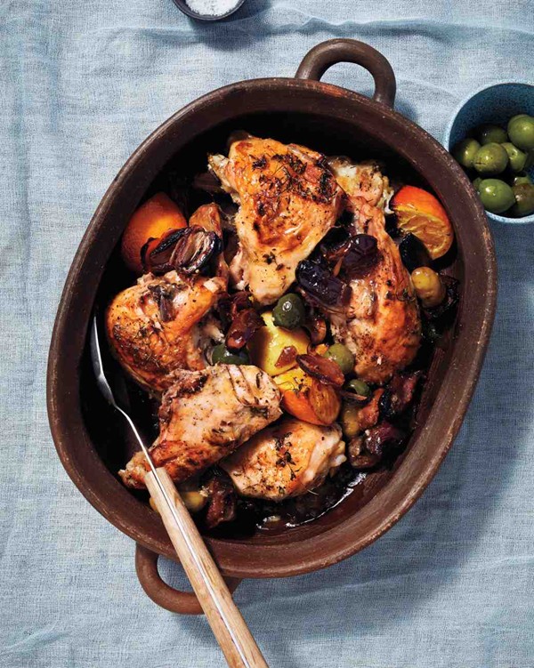 Roasted chicken with dates, citrus, and olives