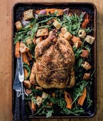 Roasted chicken with giant croutons, sweet potatoes & arugula