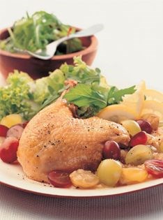 Roasted chicken with grapes and fresh root ginger