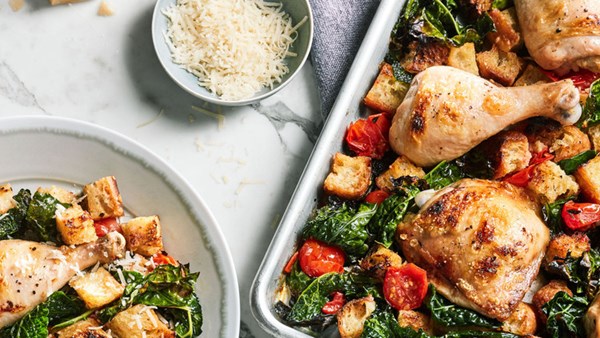 Roasted chicken with kale and tomato panzanella