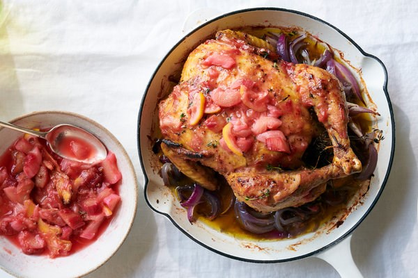 Roasted chicken with lemon-glazed rhubarb