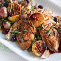 Roasted chicken with lemon, white wine and olives