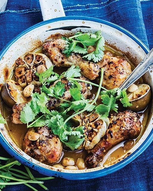 Roasted chicken with lime, almonds, & chili