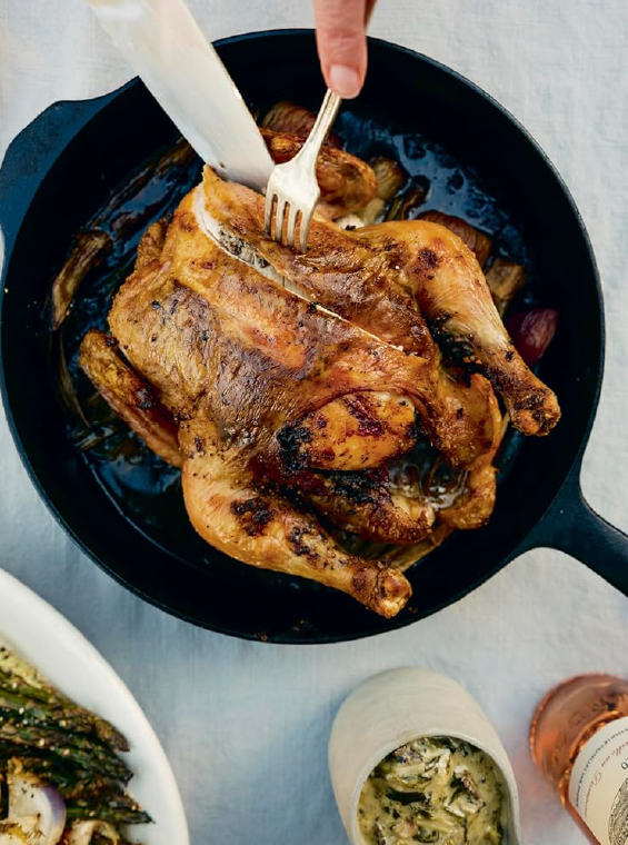 Roasted chicken with morels and spring onion cream