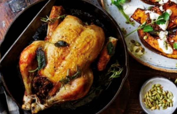 Roasted chicken with porcini mushroom and apricot stuffing