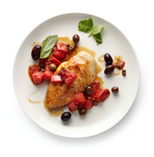 Roasted chicken with tomatoes, capers, and olives