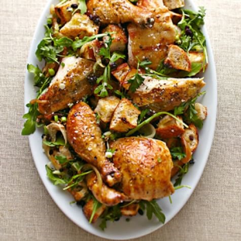 Roasted chicken with warm bread salad