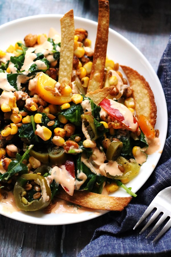 Roasted chickpea vegetarian taco salad with chipotle ranch dressing