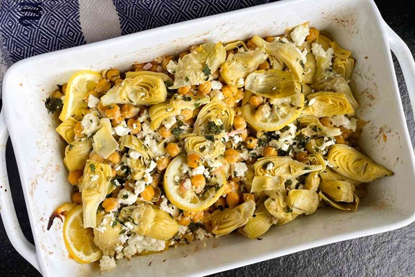 Roasted chickpeas and artichokes with lemon, parsley, and feta