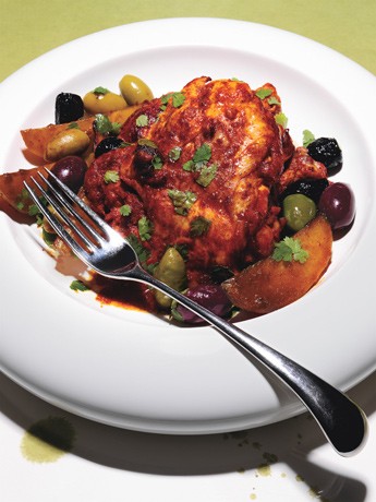 Roasted chili-citrus chicken thighs with mixed olives and potatoes
