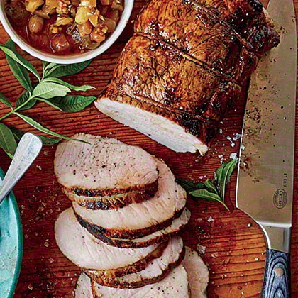 Roasted cider-brined pork loin with green tomato chutney