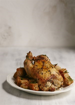 Roasted citrus-brined chicken with pan-toasted croutons