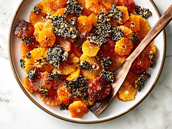 Roasted citrus with crunchy three-seed brittle
